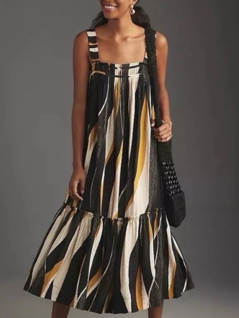 Anthropologie Black, White & Mustard Striped Midi Dress